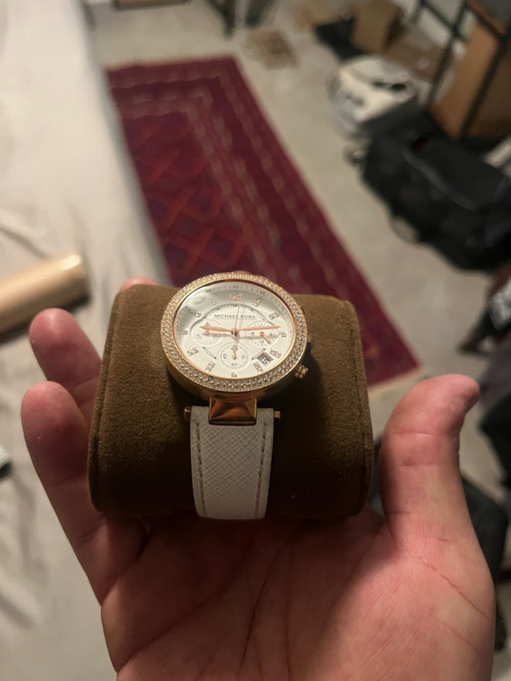 Michael Kors White Leather Strap Watch with Rose Gold Case